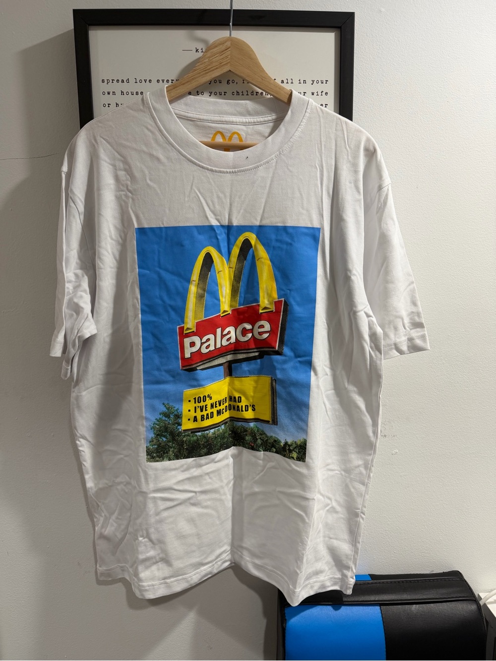 PALACE White Tee with Yellow McDonald’s Logo and Blue Graphic